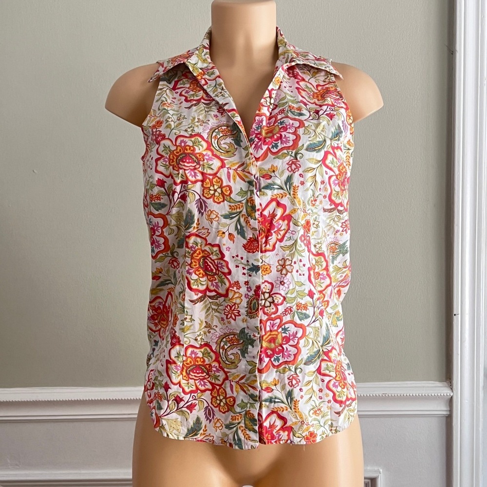 Coldwater Creek Sleeveless Button Up Women S Floral Paisley White Red Boho Top